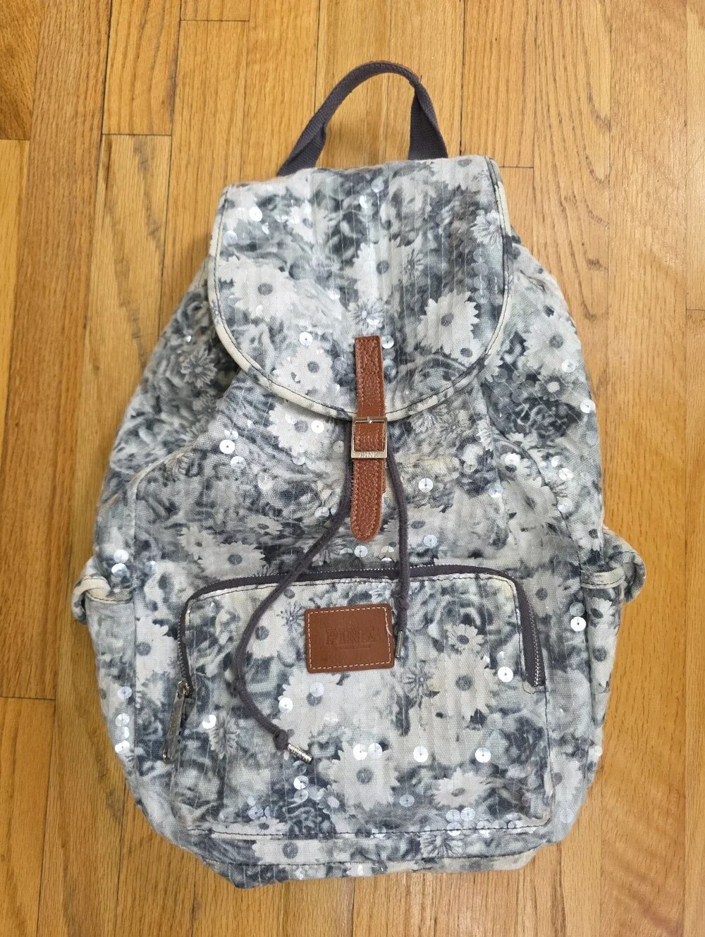 Y2K McBling PINK Victoria's Secret Grey White Floral Backpack Sequin 17x11x5